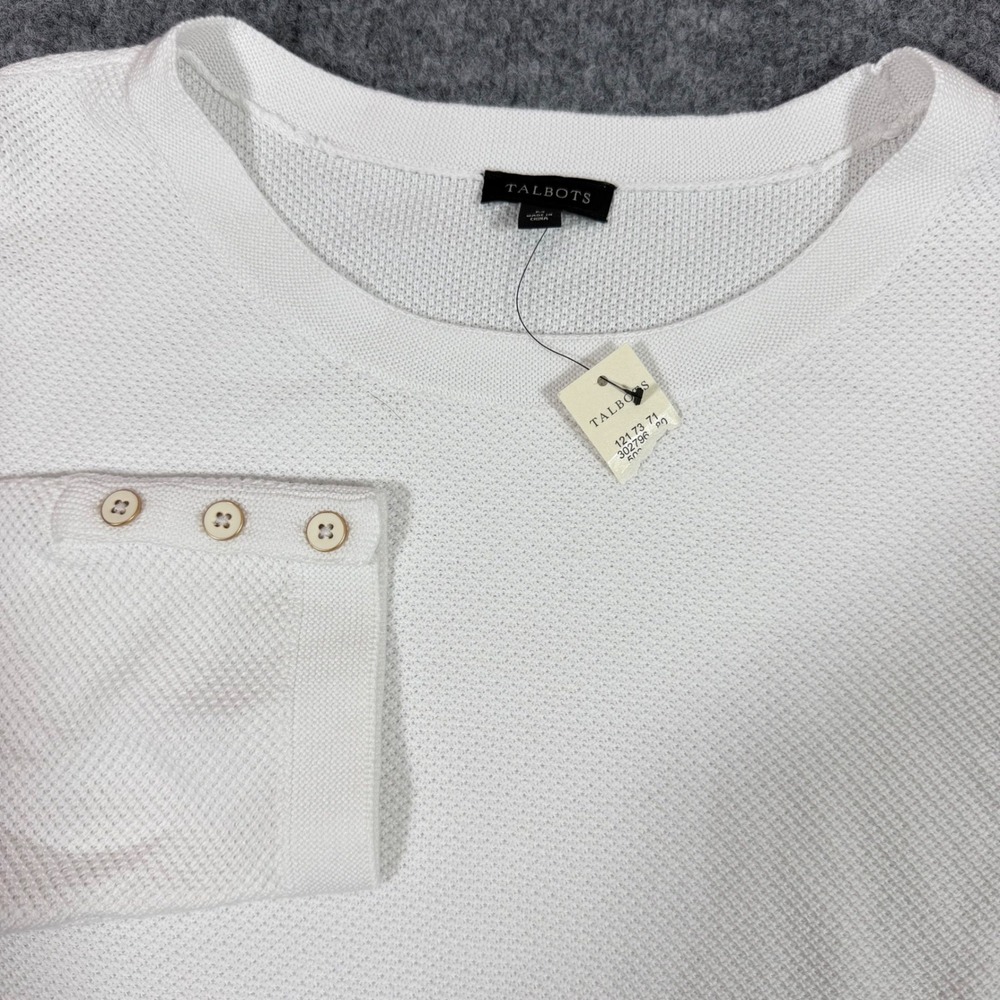 Talbots Sweater Button Cuff Textured Knit Women Medium White Cotton Blend NEW